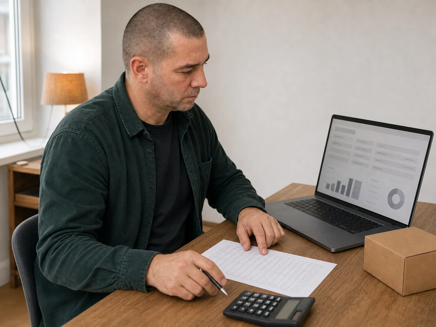 Mykhailo reviewing a hypothetical cost workbook beside a marketplace listing exercise
