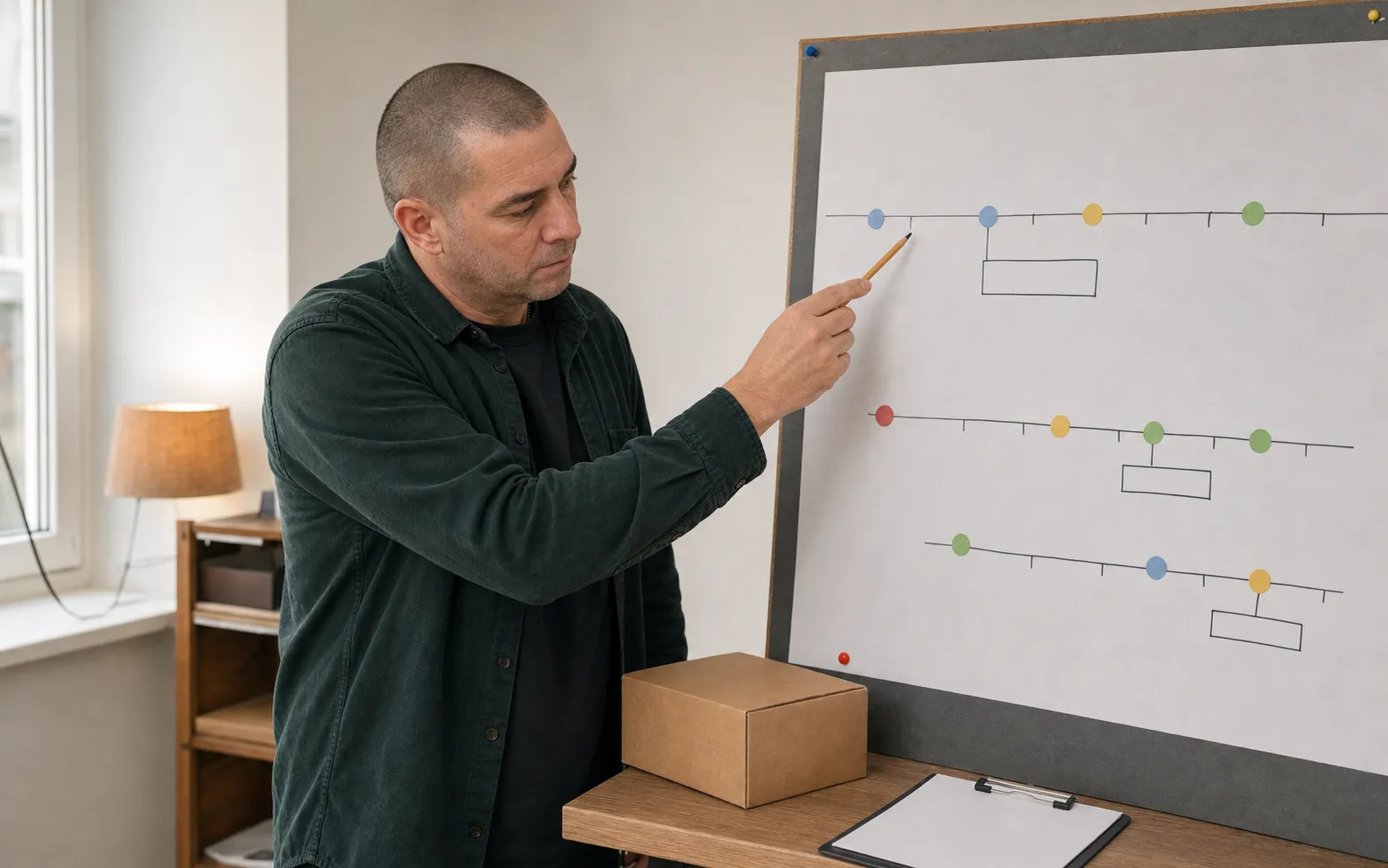 Mykhailo reviewing an inventory and fulfilment planning board in a practical home office