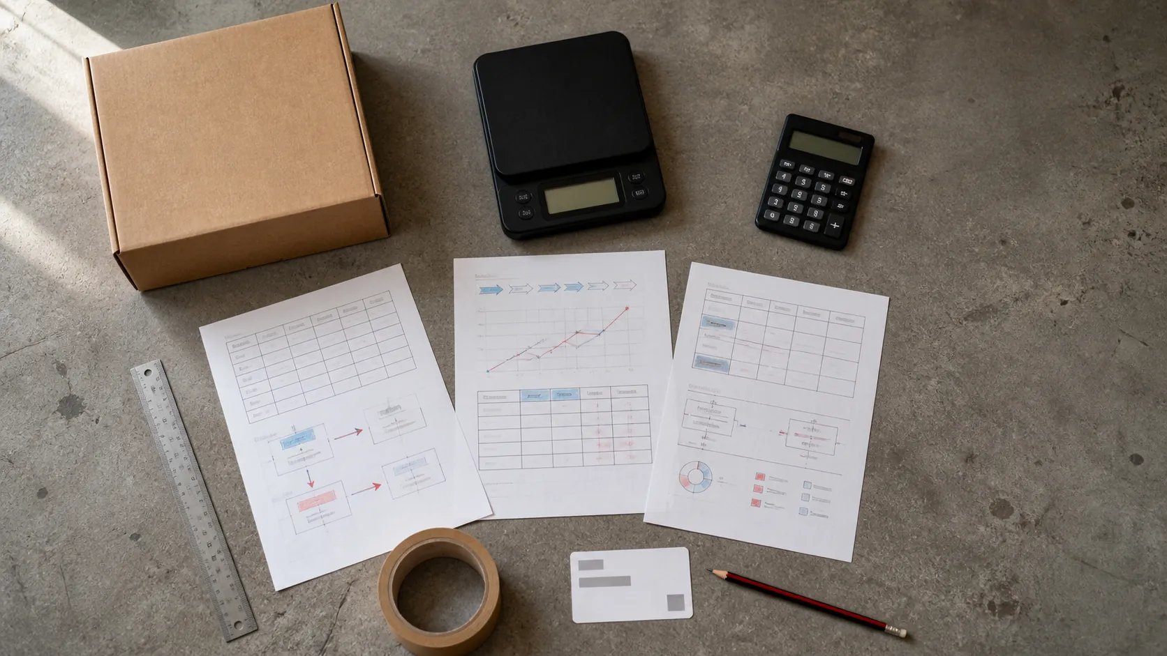 Overhead view of marketplace operations notes, calculator and packaging samples