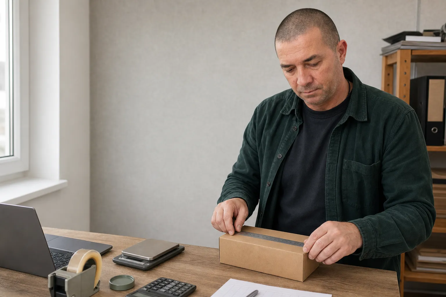 Mykhailo measuring a plain shipping box while preparing an operational worksheet
